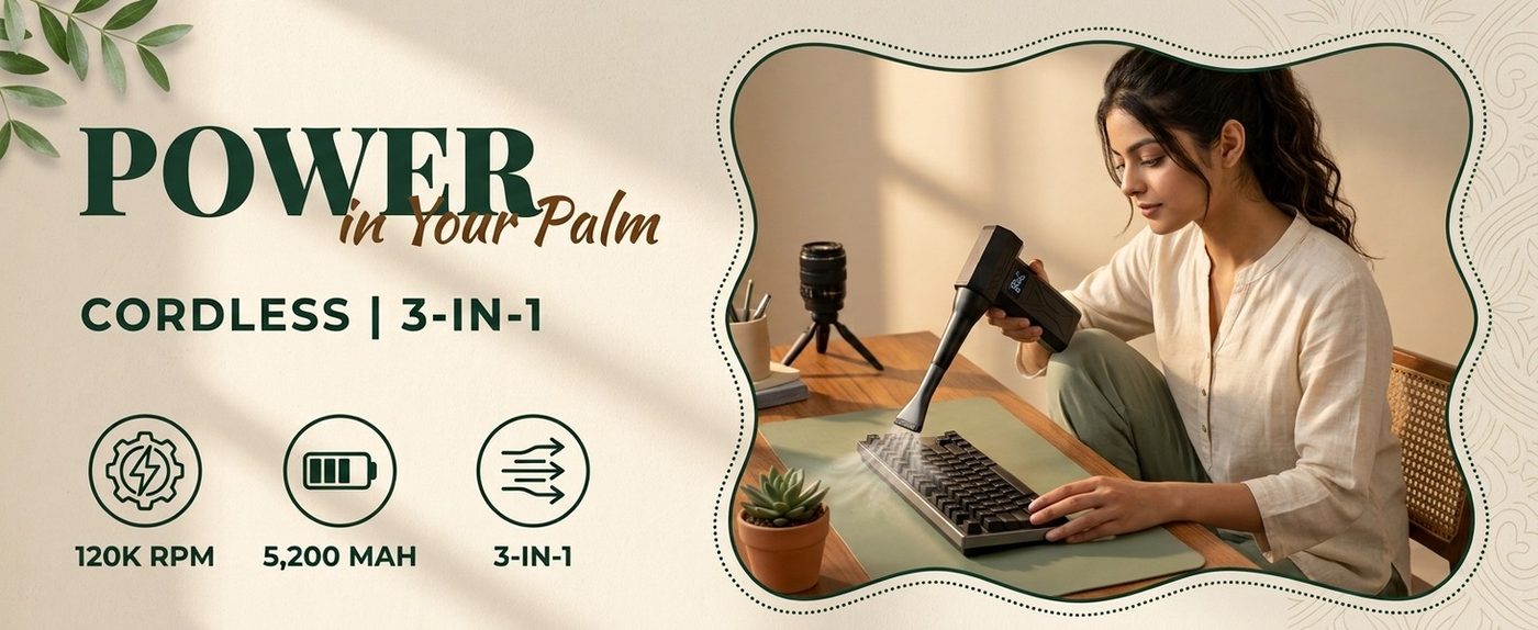 A+ content banner with a model using the cordless electric duster