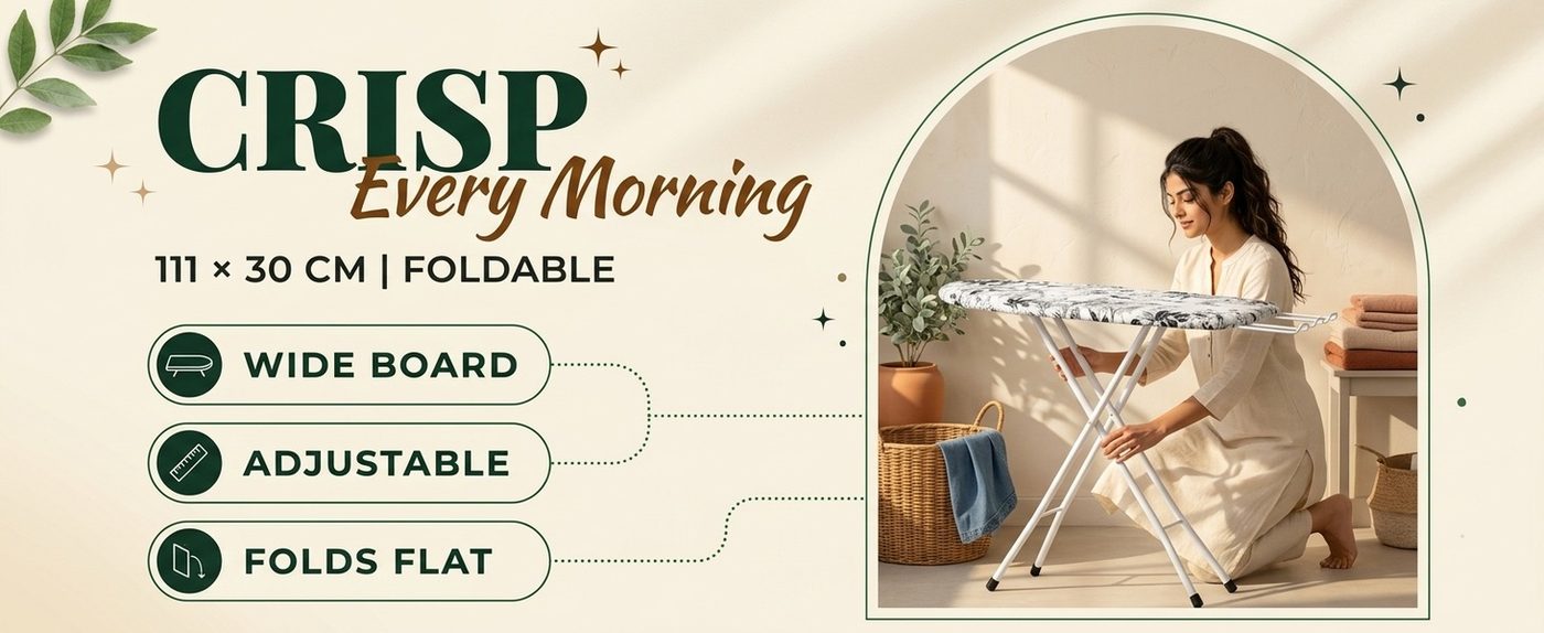 A+ content banner with a model using the foldable ironing board