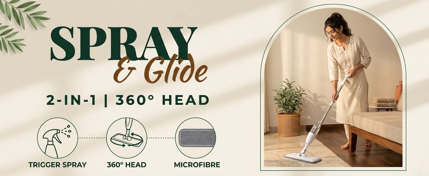 A+ content banner with a model using the spray mop