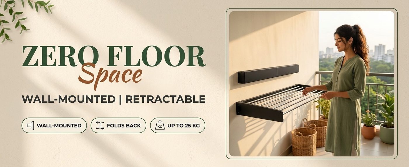 A+ content banner with a model using the retractable wall drying rack