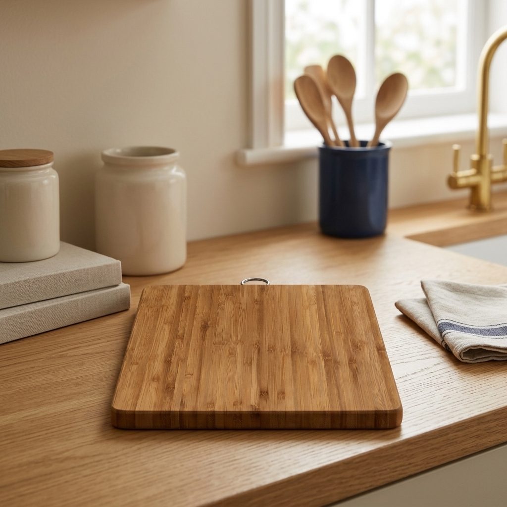 Bamboo cutting board placed in an AI-generated lifestyle setting