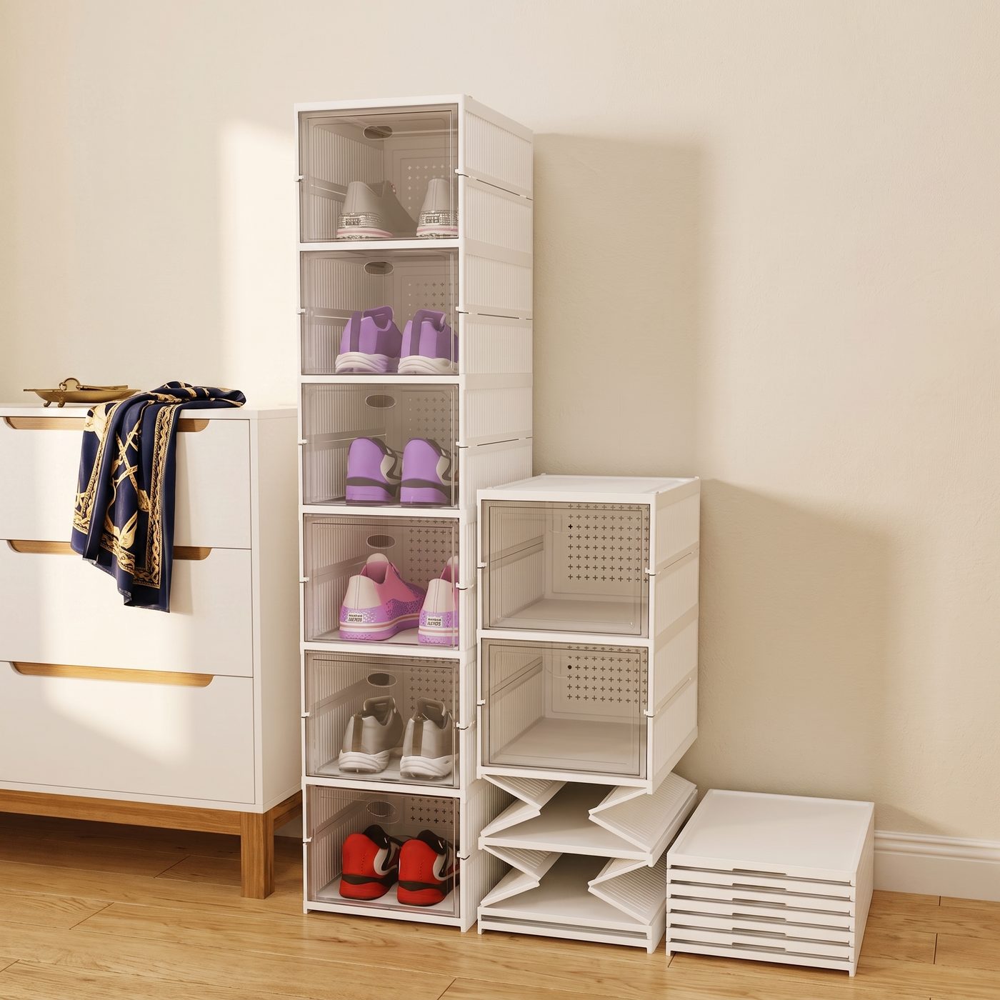 Modular shoe rack placed in an AI-generated lifestyle setting