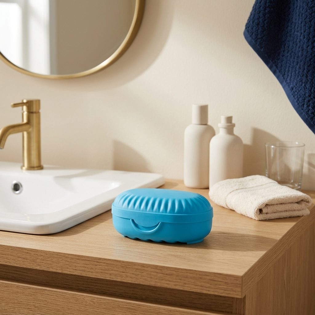Soap case placed in an AI-generated lifestyle setting