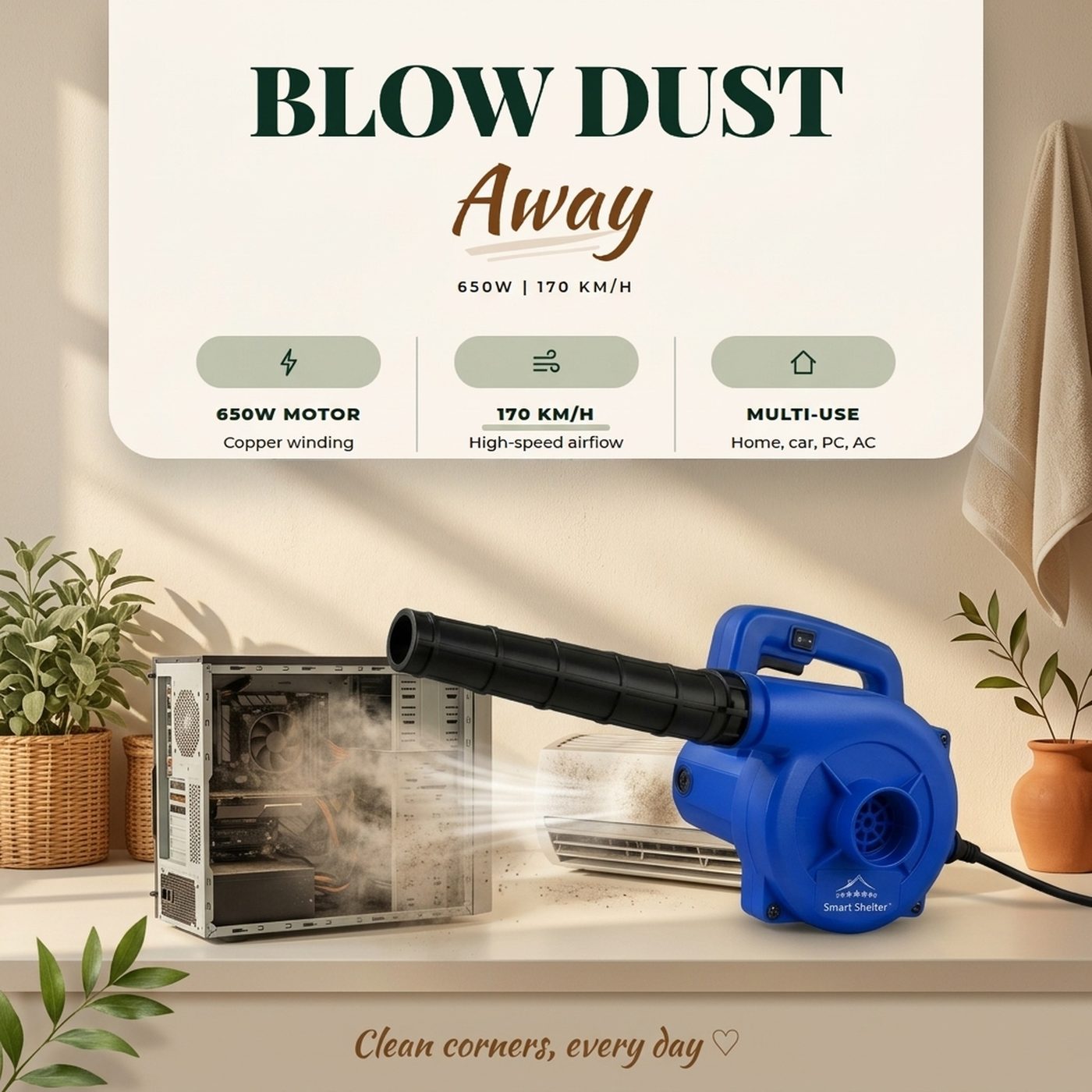 Amazon listing infographic for a 650w air blower with key features