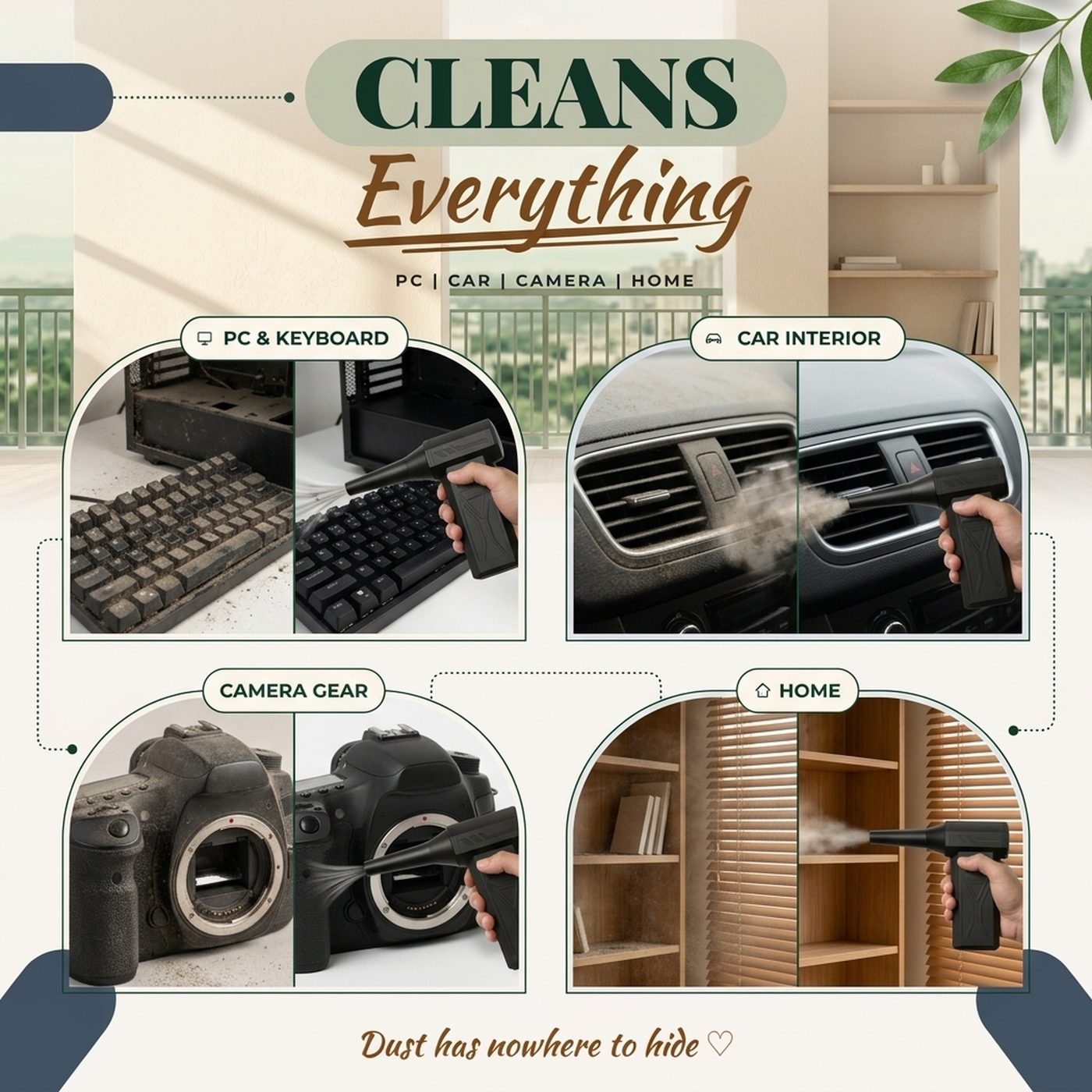 Comparison infographic showing the cordless electric duster in use
