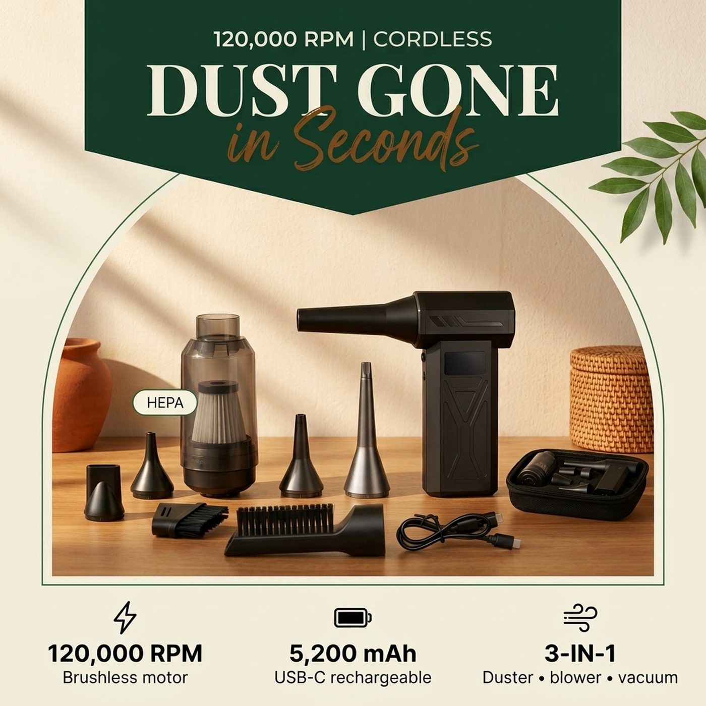 Amazon listing infographic for a cordless electric duster with key features