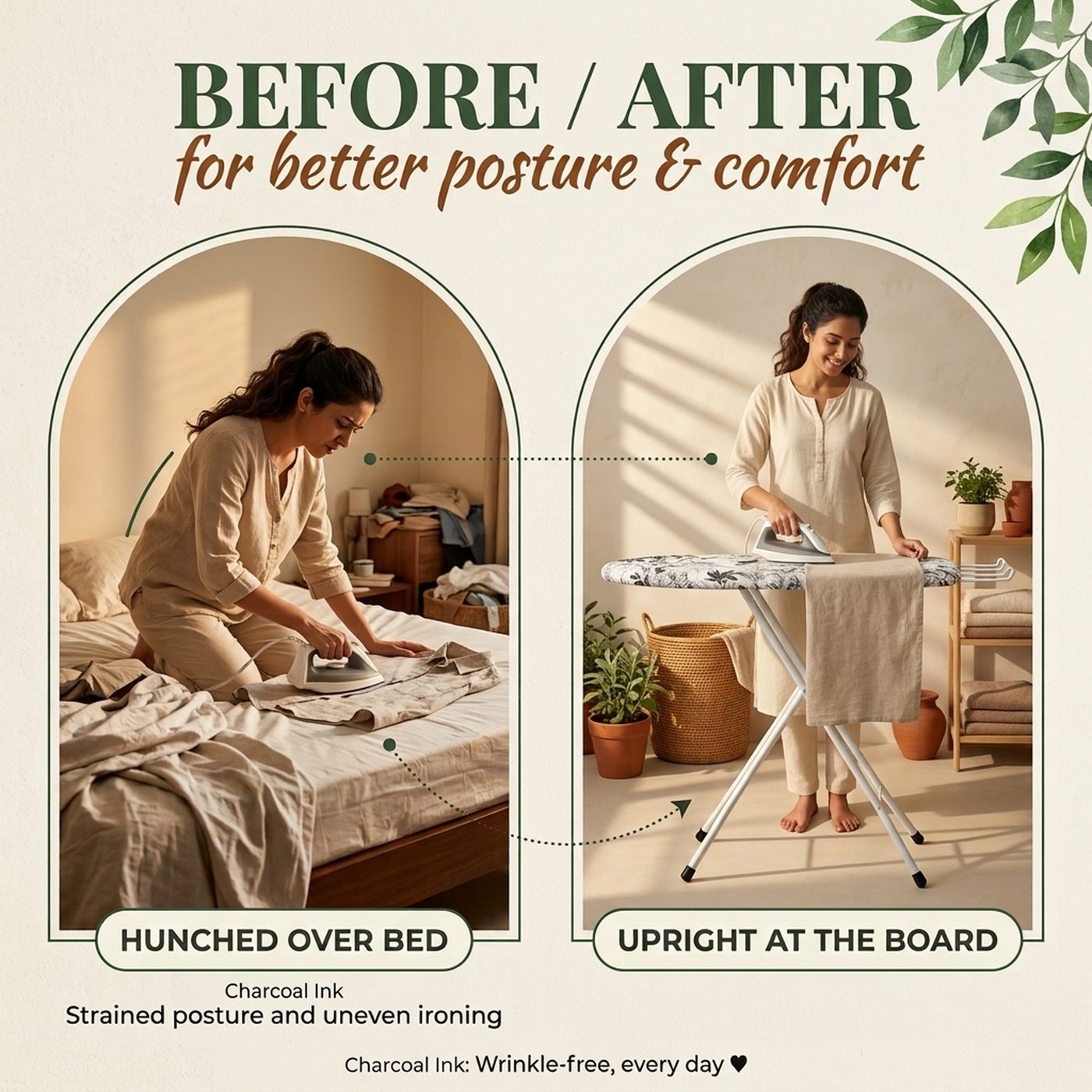 Comparison infographic showing the foldable ironing board in use