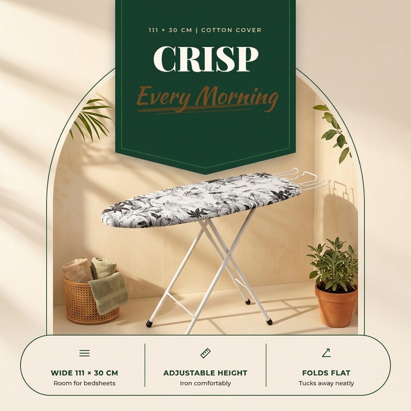 Amazon listing infographic for a foldable ironing board with key features