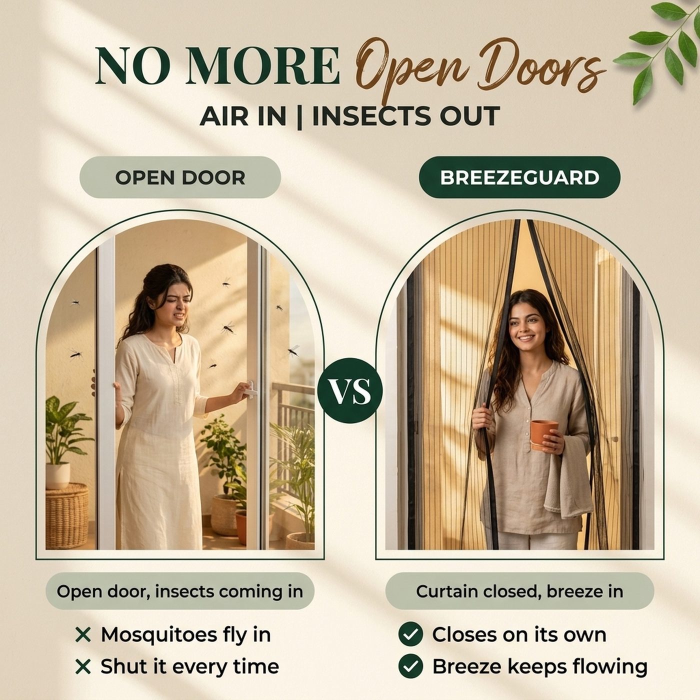 Comparison infographic showing the magnetic mosquito net door in use
