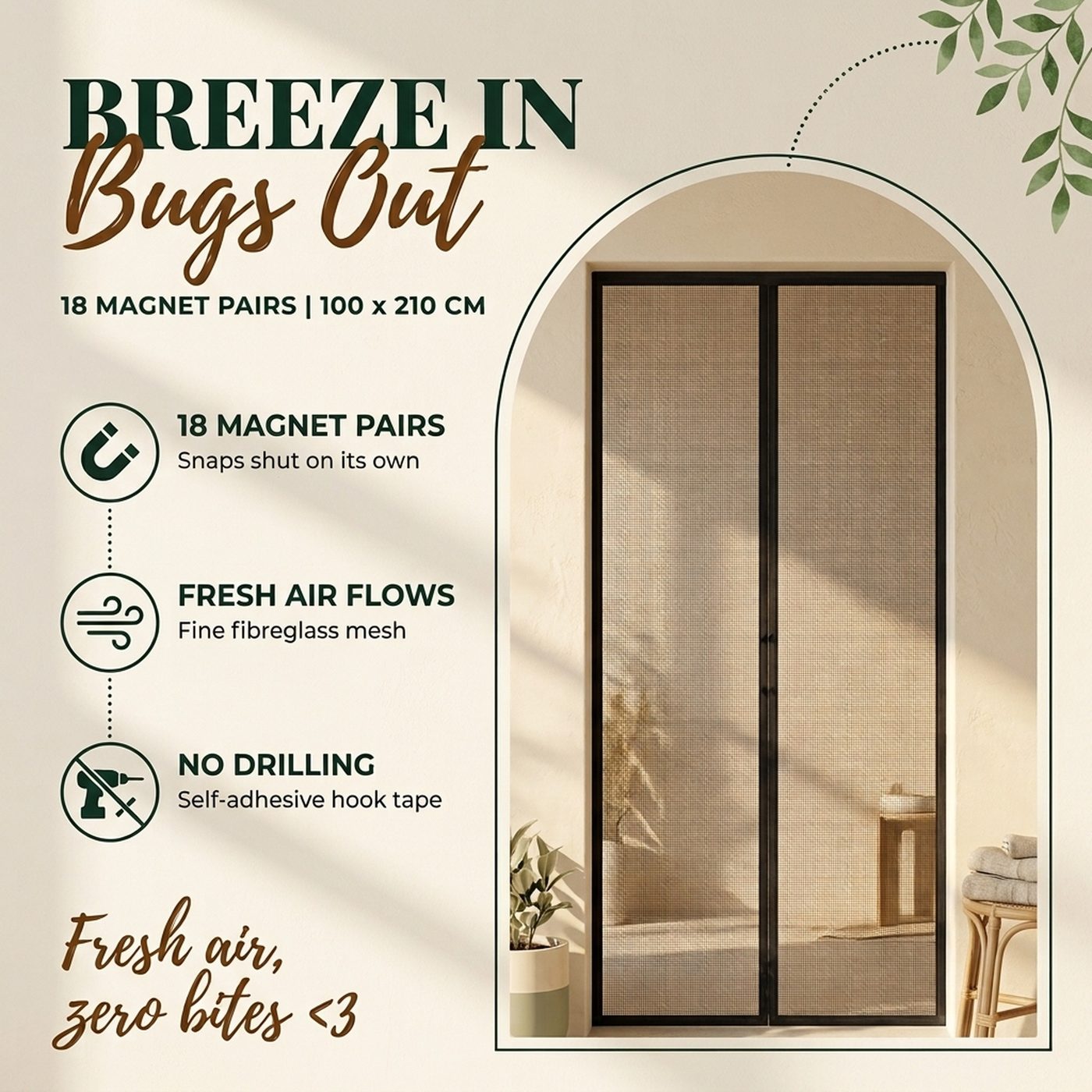 Amazon listing infographic for a magnetic mosquito net door with key features
