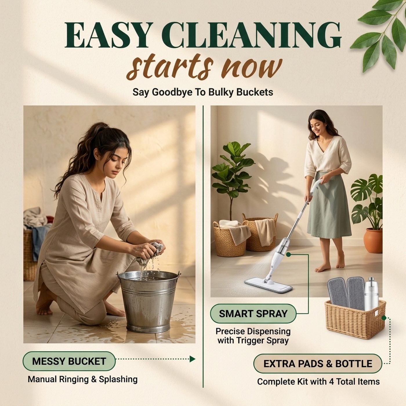 Comparison infographic showing the spray mop in use