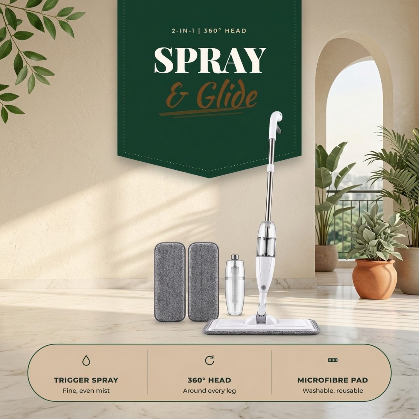 Amazon listing infographic for a spray mop with key features