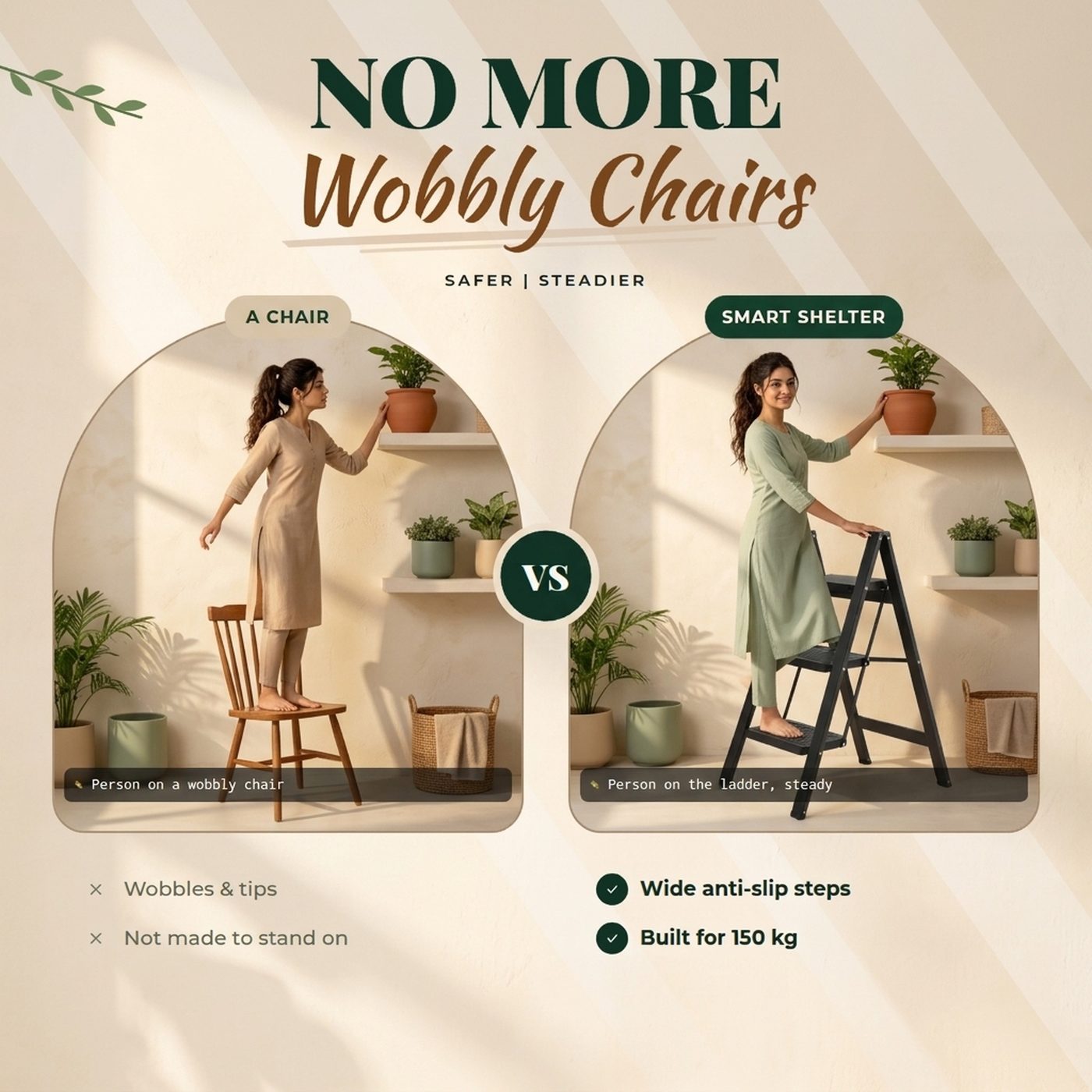 Comparison infographic showing the 3-step foldable ladder in use