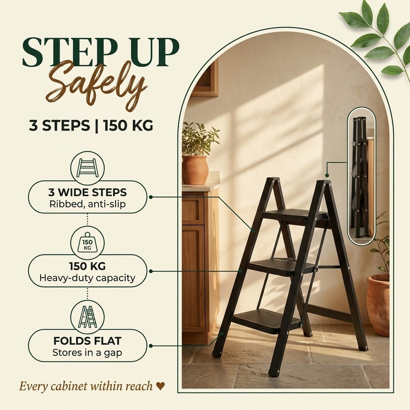 Amazon listing infographic for a 3-step foldable ladder with key features