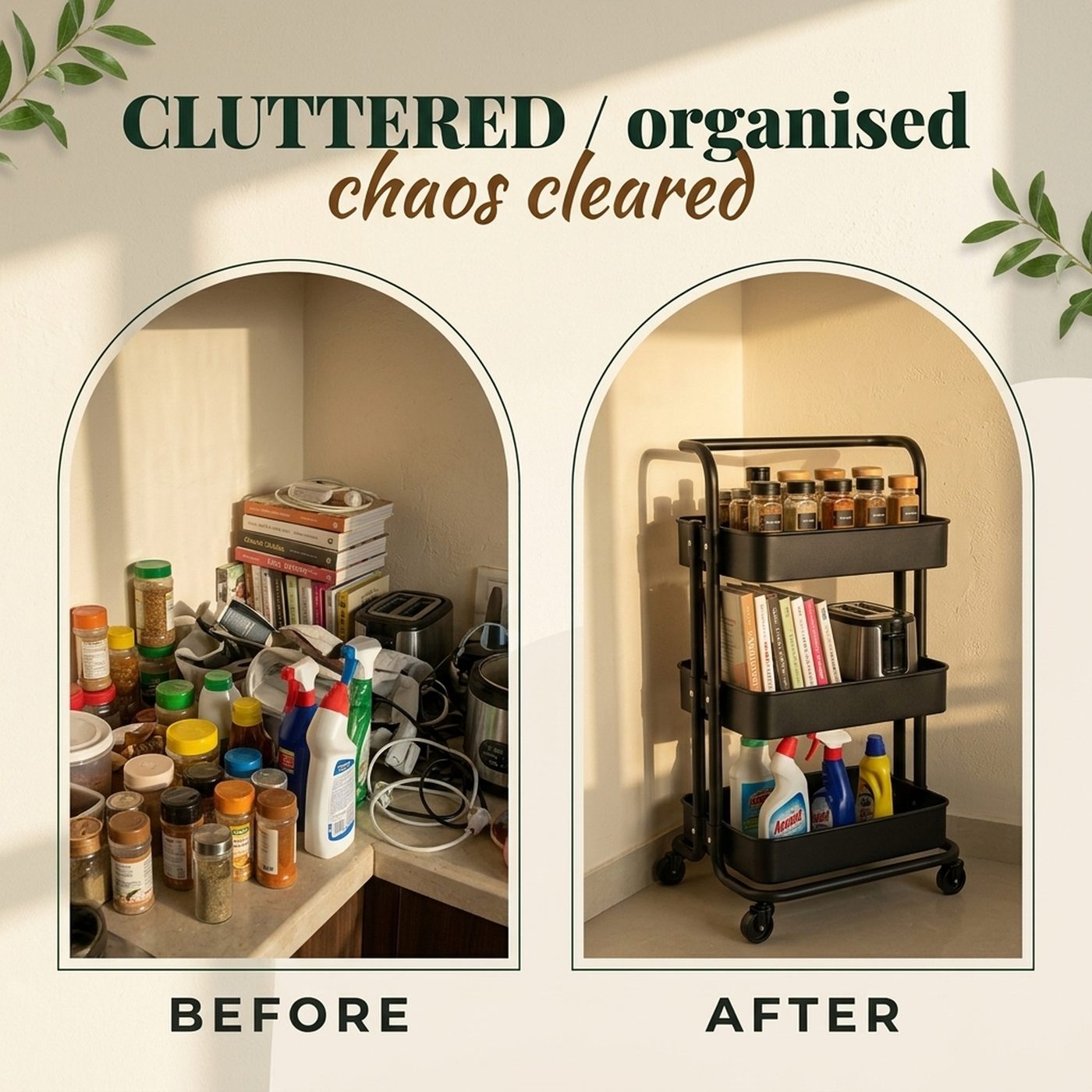 Comparison infographic showing the 3-tier utility trolley in use