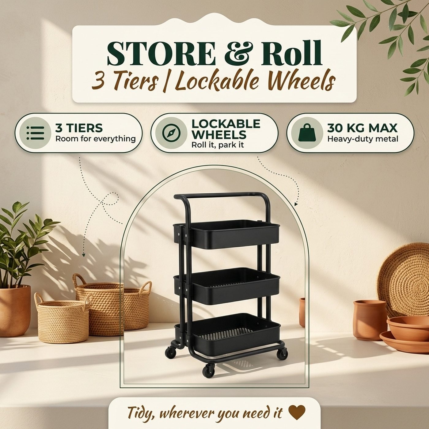 Amazon listing infographic for a 3-tier utility trolley with key features