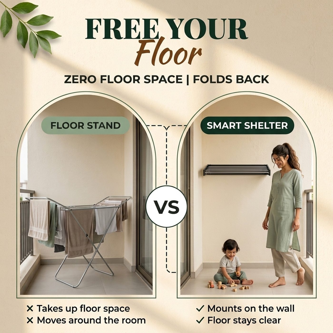 Comparison infographic showing the retractable wall drying rack in use