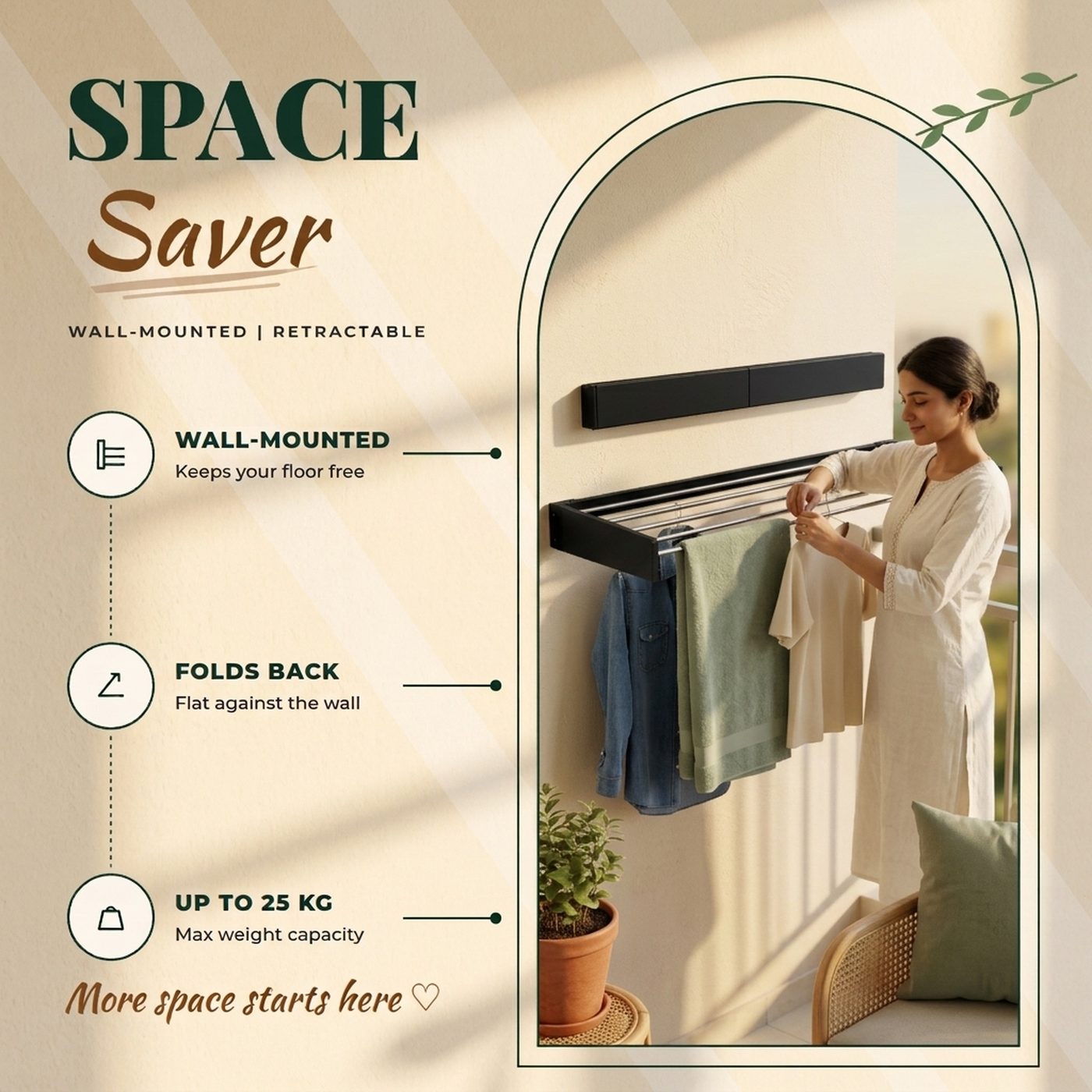 Amazon listing infographic for a retractable wall drying rack with key features